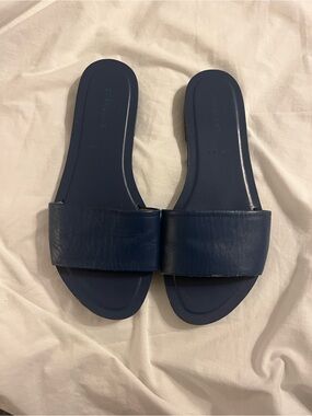 Everlane Deep Navy Wide-Strap Leather Slide Sandals